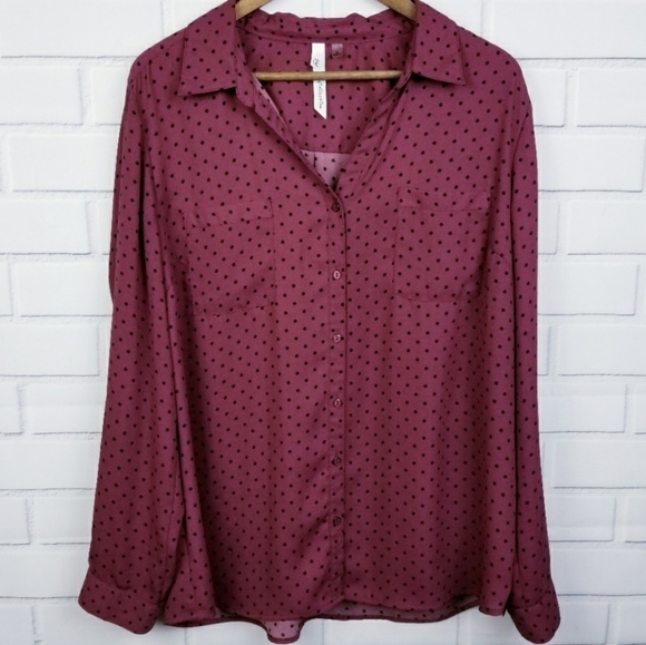 Womens Maroon Polka Dot Button Up Blouse Top Shirt Size XL Long Sleeve Pockets - Picture 1 of 8